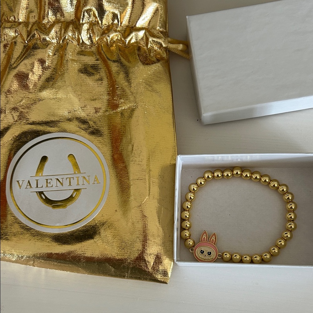 Valentina Gold Beaded Bracelet with Pink Bunny Charm
